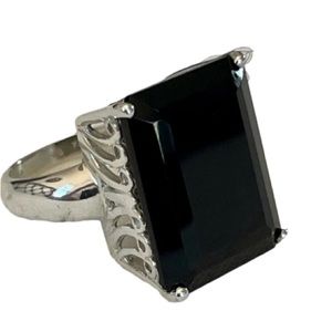 YS India 925 Sterling Silver Statement Ring w Emerald Cut Black Onyx Stone